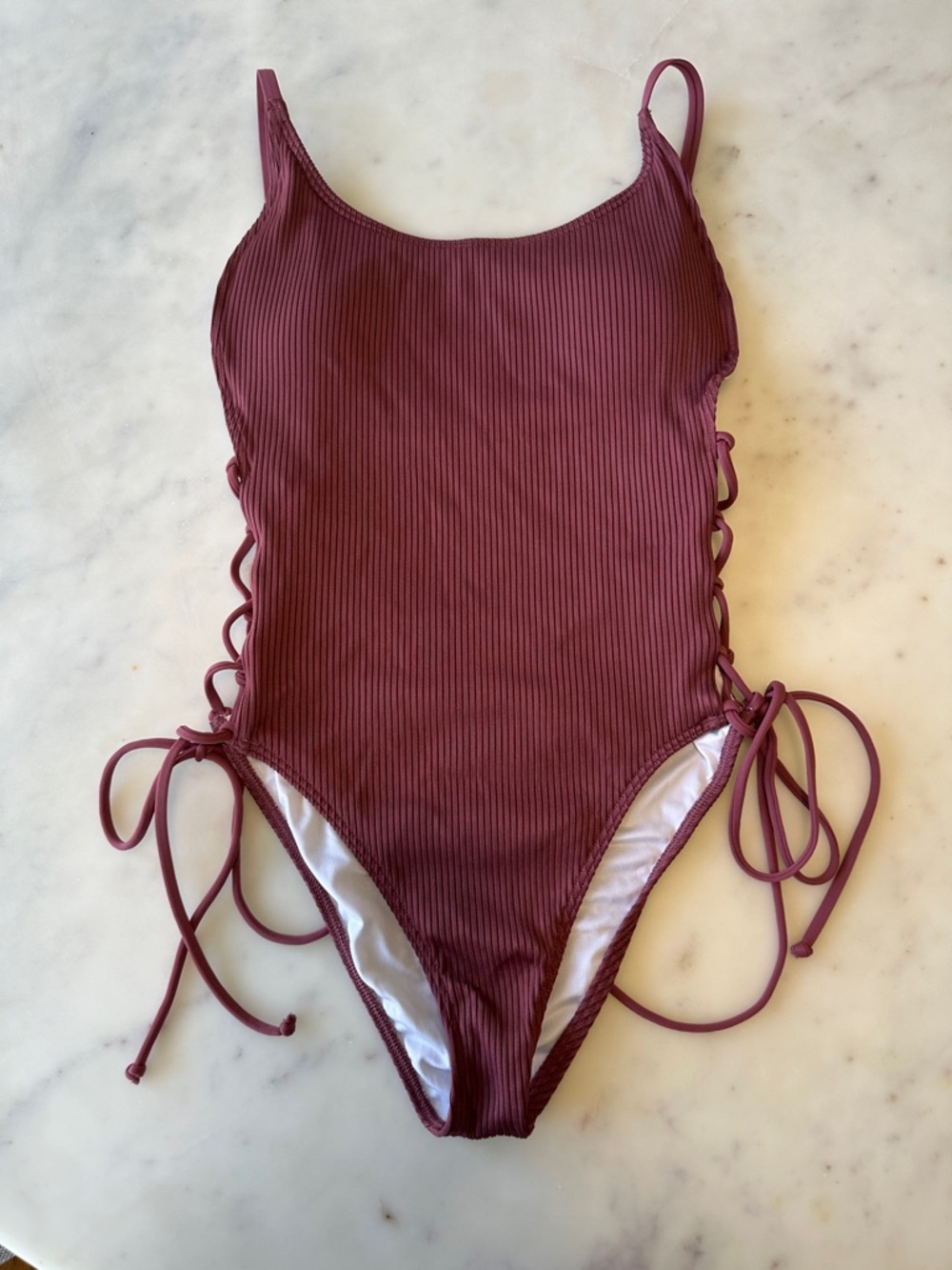 VS PINK Ribbed Burgundy One-Piece Swimsuit with Side Tie Details